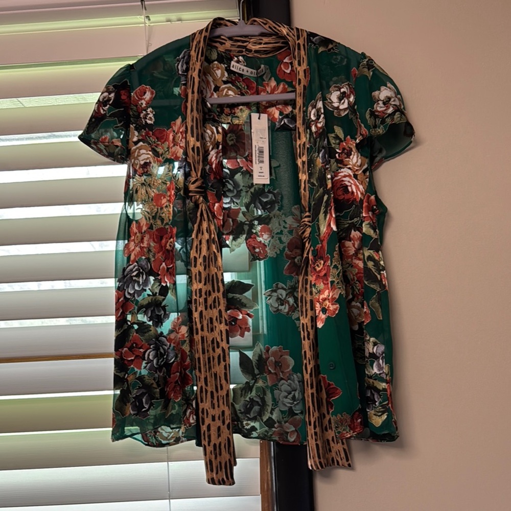 Floral Green Blouse with Animal Print Accents